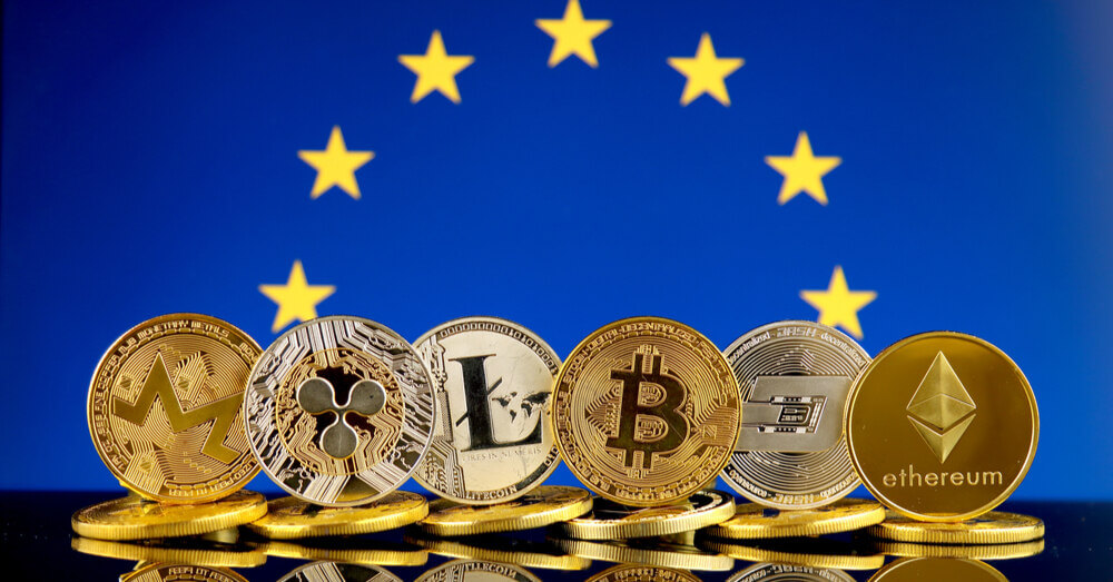 Image of the EU flag with cryptocurrency tokens