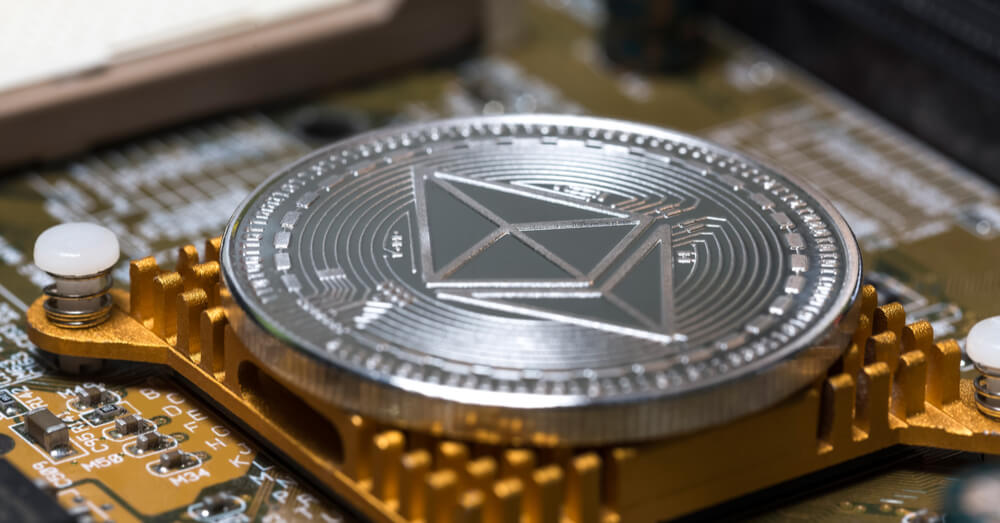 Image of Ethereum coin on a mining chip