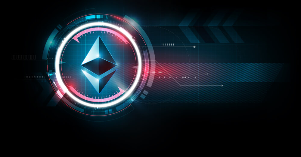 An image of the Ethereum symbol surrounded by neon digital lights