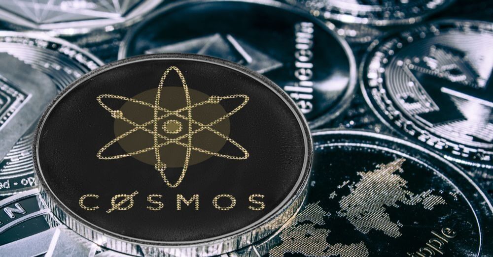 Image of Cosmos coin atop stack of cryptocurrencies