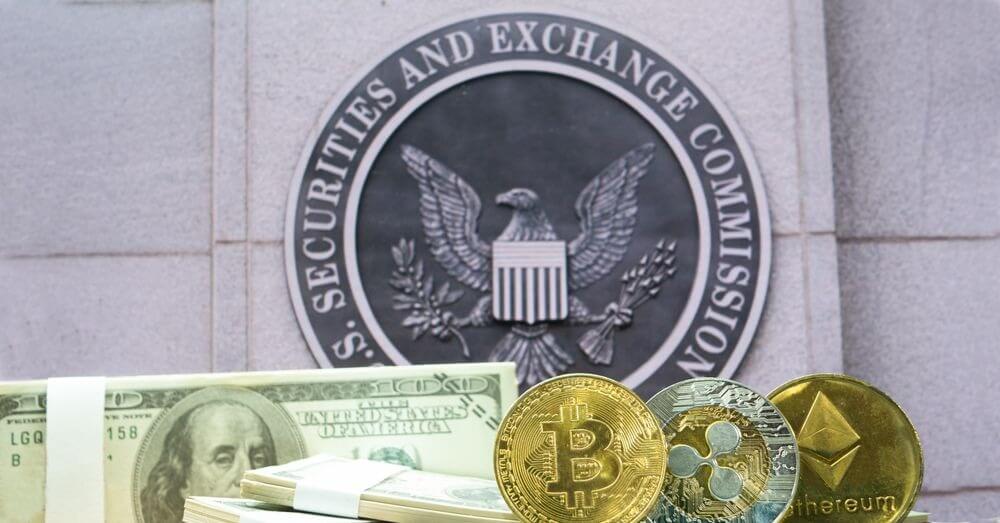 Image of crypto coins and USD notes in front of the SEC logo