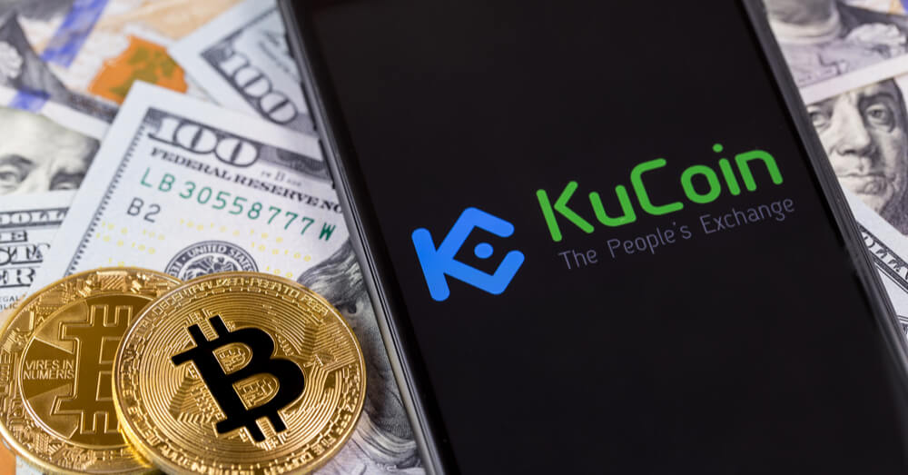 KuCoin logo, bitcoins and US dollars