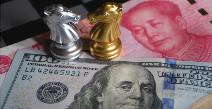 Image of US dollar and Chinese yuan notes with chess pieces representing the recent trade war