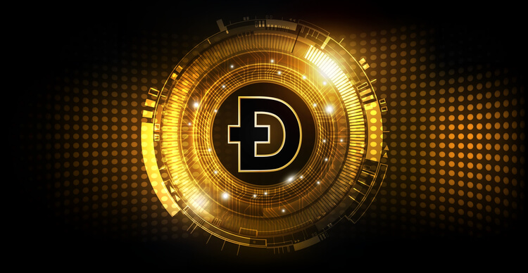 Golden Dogecoin symbol against an abstract background