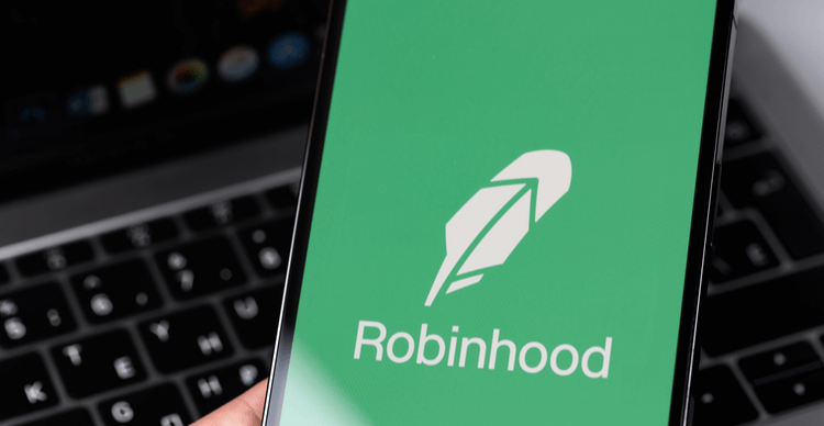 Grafika z ekranem telefonu wyświetlającym nazwę i logo Robinhood