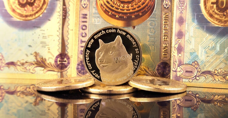 A Dogecoin stack against a background of various banknotes
