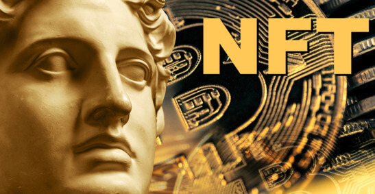 In the foreground is a golden classical bust, with a golden bitcoin in the background and the letters “NFT” hovering in front.