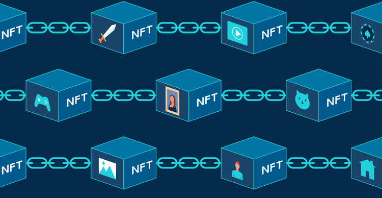 A blue-tinted illustration showing various items being tokenised as NFTs on a blockchain
