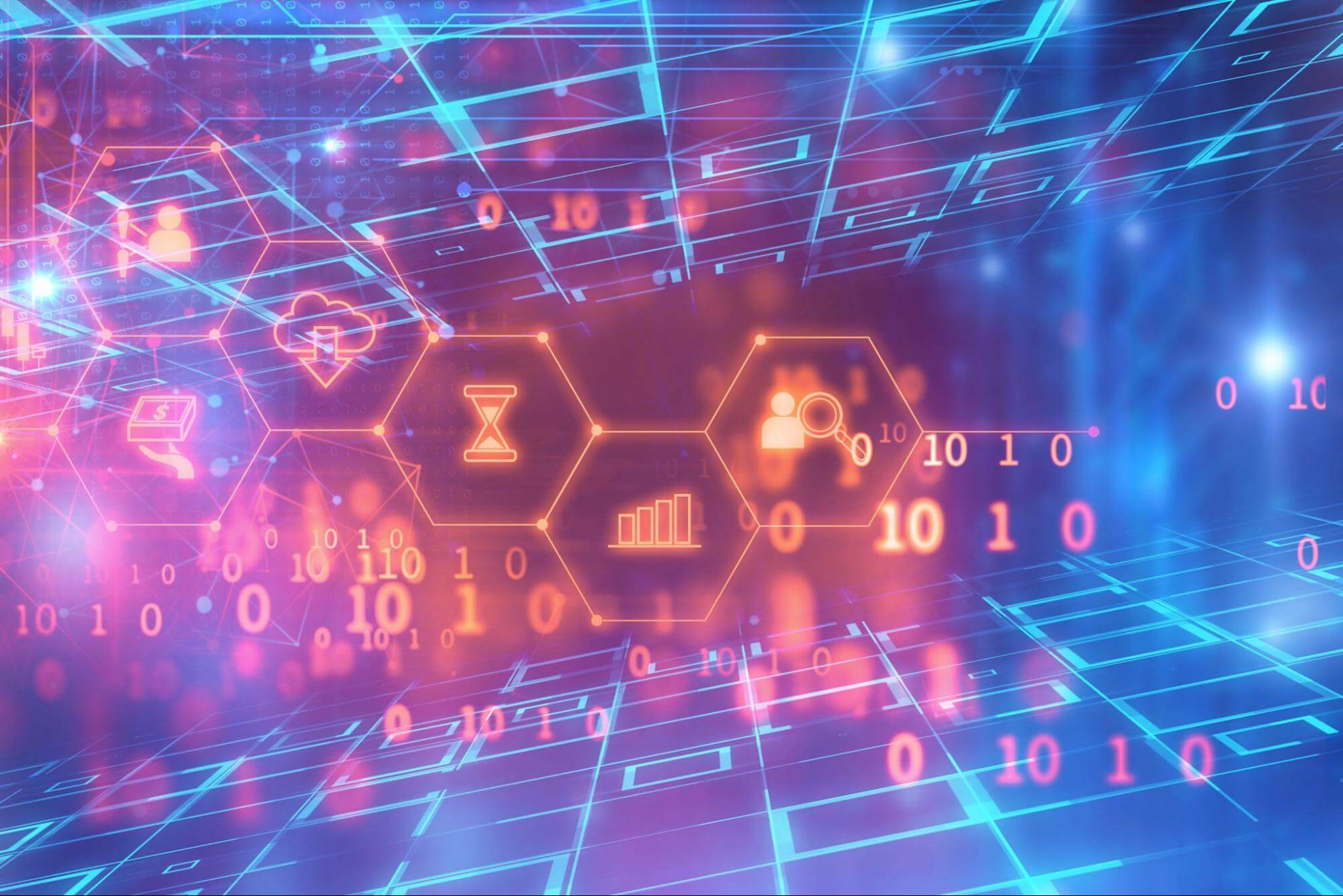 Blockchain concept - red hexagons with various data icons inside against the backdrop of a blue grid