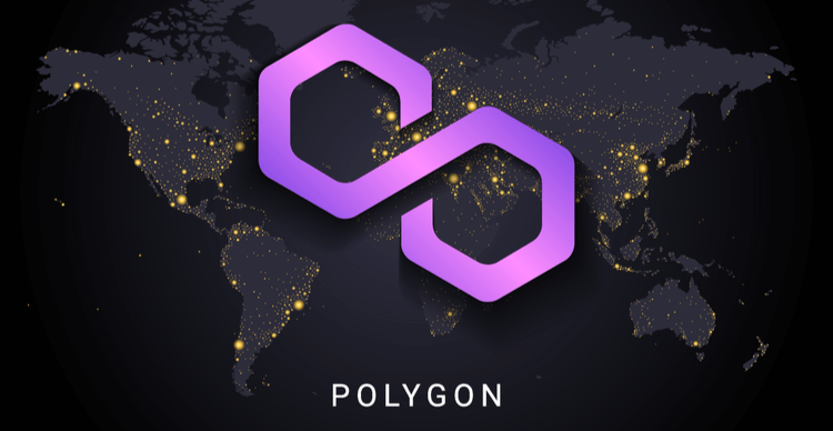 A dark world map illuminated by orange nodes, with the Polygon logo superimposed on top