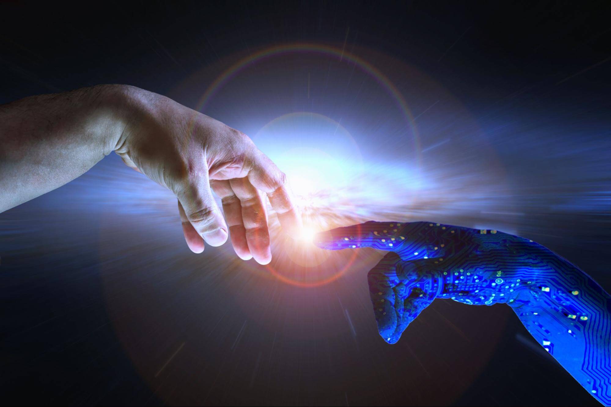 AI hand reaches towards a human hand as a spark of understanding technology reaches across to humanity. Artificial Intelligence concept with copy space area. Blue flesh image. The singularity