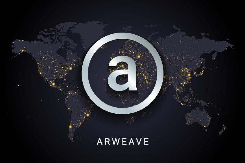 Logotipo de la criptomoneda Arweave (AR) en un contexto global