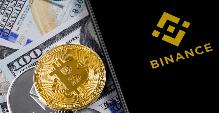 De Binance app met BTC, ETH en 100 dollarbiljetten