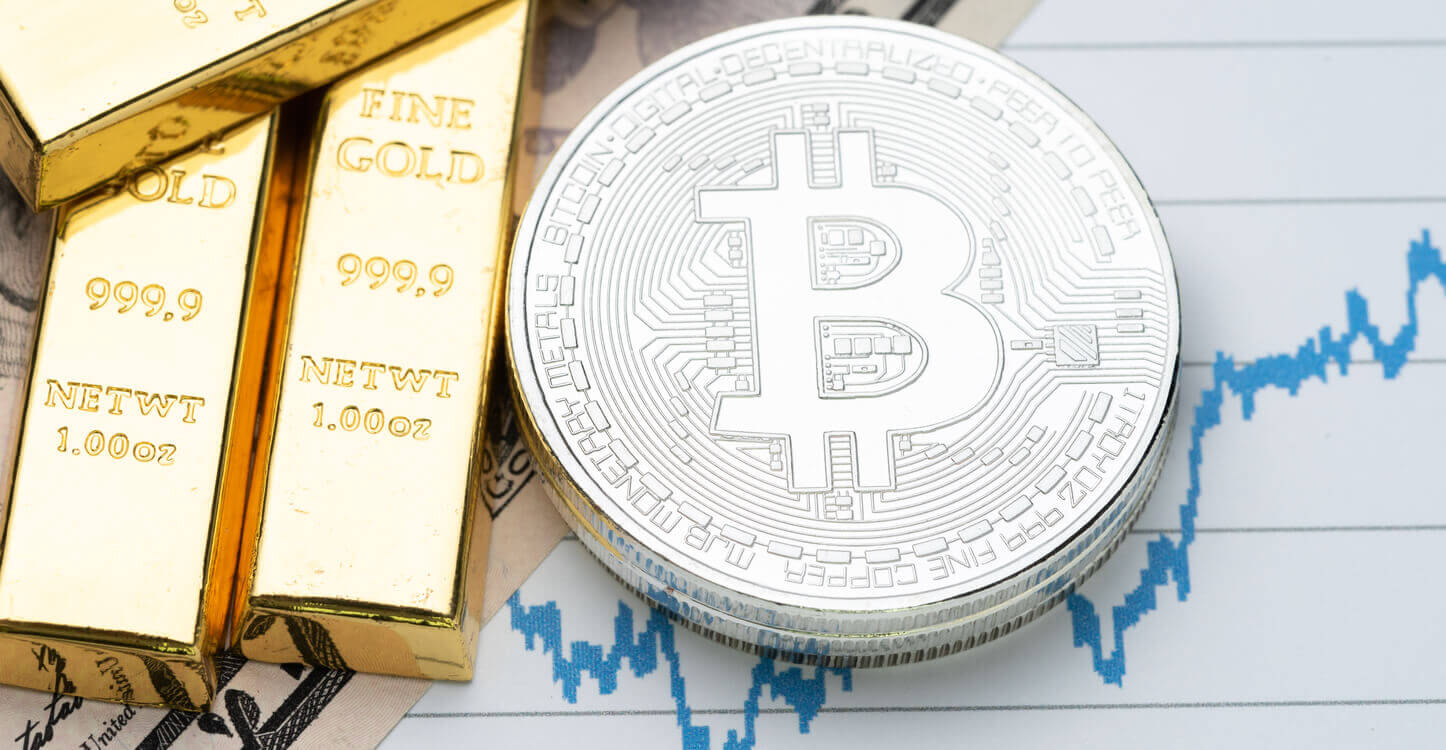 Bitcoin en goud met een grafiek op de achtergrond