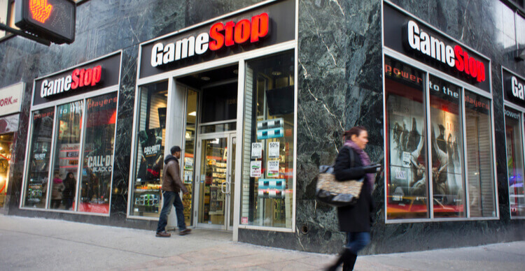 De ingang van een GameStop winkel in New York