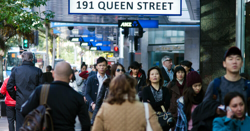 Een blik op Queen Street in Auckland, Nieuw-Zeeland