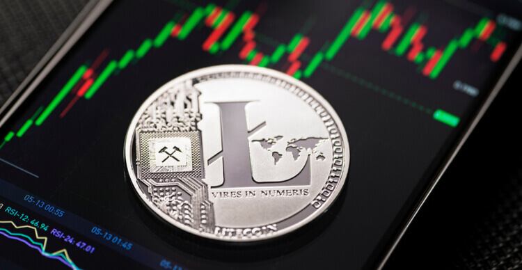 Litecoin met een prijsgrafiek op de achtergrond