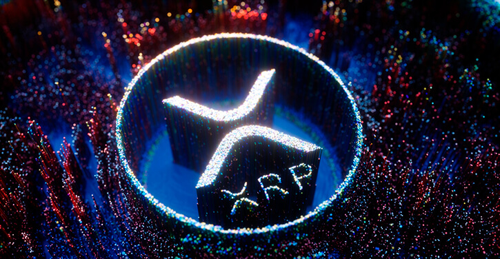 Het XRP logo op een veelkleurig oppervlak