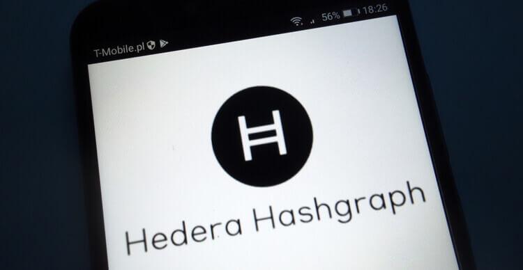 Foto van het Hedera Hashgraph logo op een smartphone