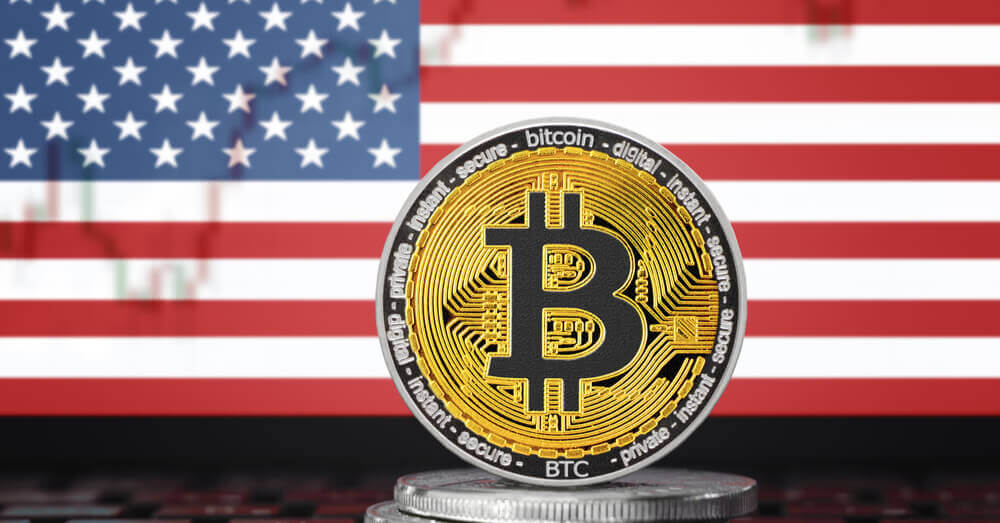 Pièce de monnaie Bitcoin avec un drapeau des États-Unis d'Amérique (USA) en fond