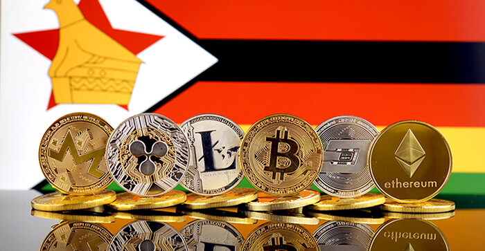 Drapeau du Zimbabwe avec de crypto-monnaies devant