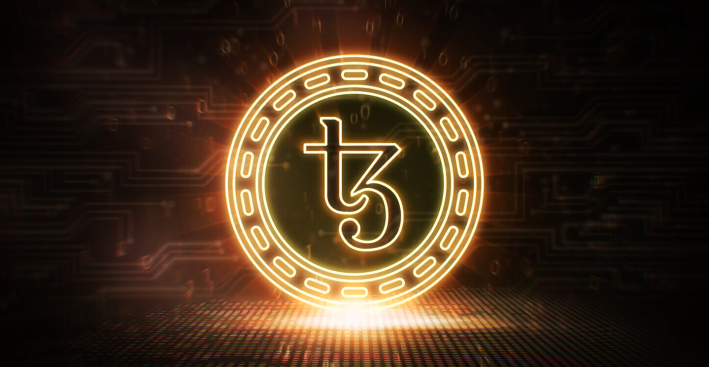 Une image 3D d'un coin Tezos éclairé par des néons