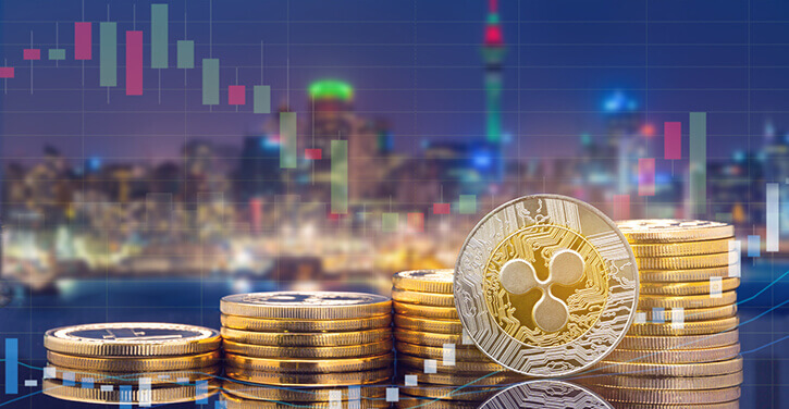 Coins Ripple avec fond de ville et graphique de trading