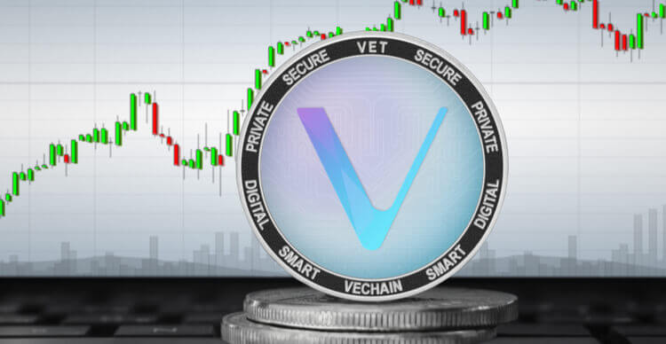 Image d’un coin VeChain face à un graphique de prix