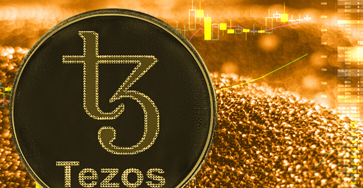 Une image du logo et du coin de Tezos sur un fond doré