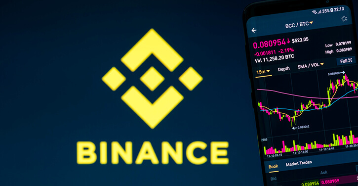 Un logo de Binance à côté d'un smartphone montrant le graphique des prix de BNB