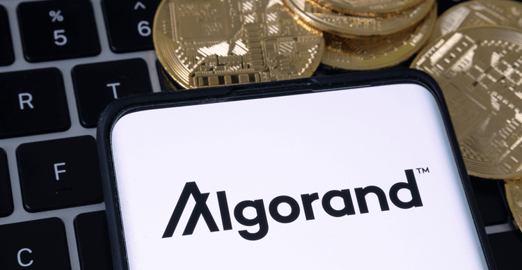 Image d'Algorand sur un smartphone sur un clavier d'ordinateur portable avec des coins