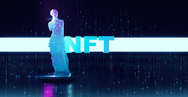 Un cyberespace bleu foncé avec une statue de NFT au premier plan et le mot « NFT » écrit en toutes lettres.