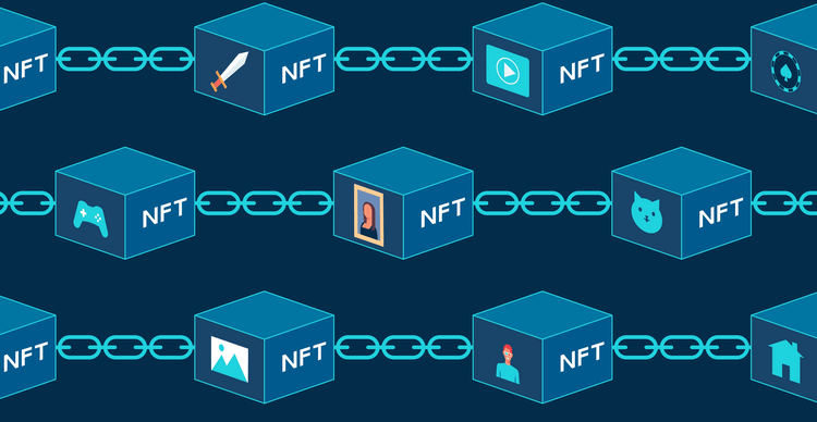 Illustration en teinte bleue montrant divers articles faisant l'objet d'une tokenisation en tant que NFT sur une blockchain.