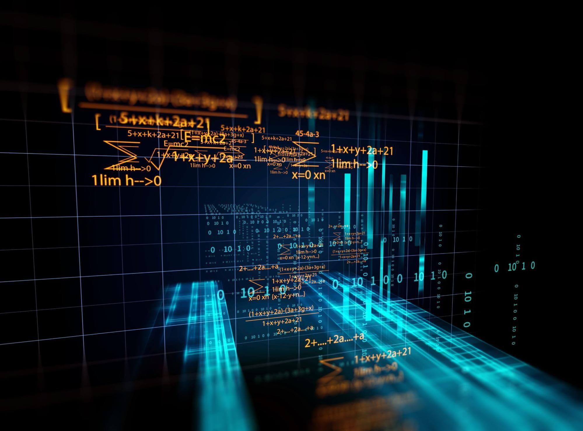 Un ensemble d'algorithmes digitaux sur fond d'une grille digitalisée traversée par des barres bleu clair - concept de blockchain.