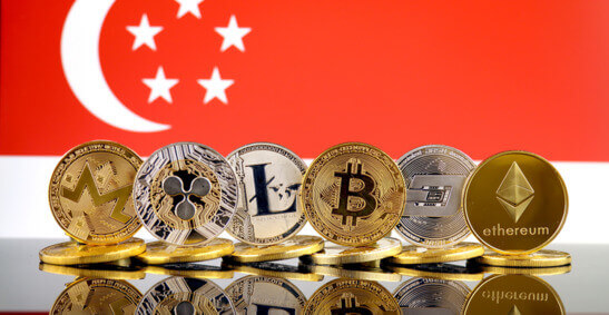 Une image de différentes crypto-monnaies sur fond de drapeau de Singapour