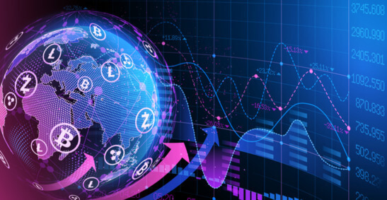 Une image du globe terrestre avec différents crypto symboles