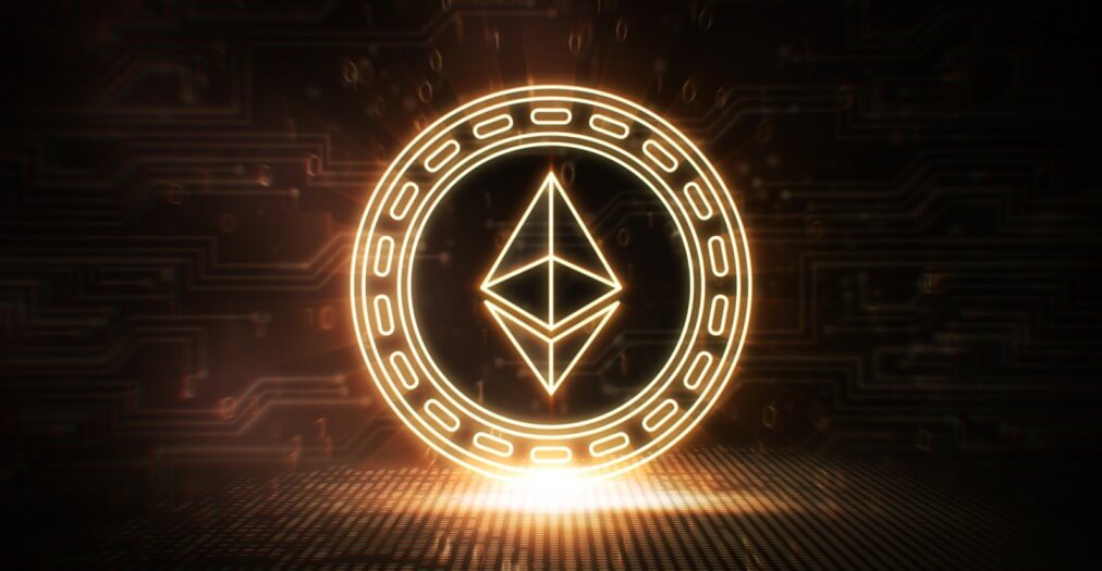 3D-Ethereum-Darstellung vor einem Blockchain-Hintergrund