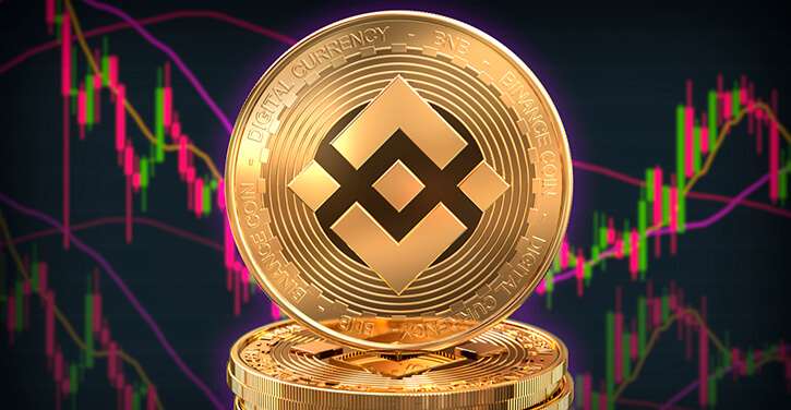 Ein Bild des Binance Coin mit gestapelten Münzen und einer Marktkarte