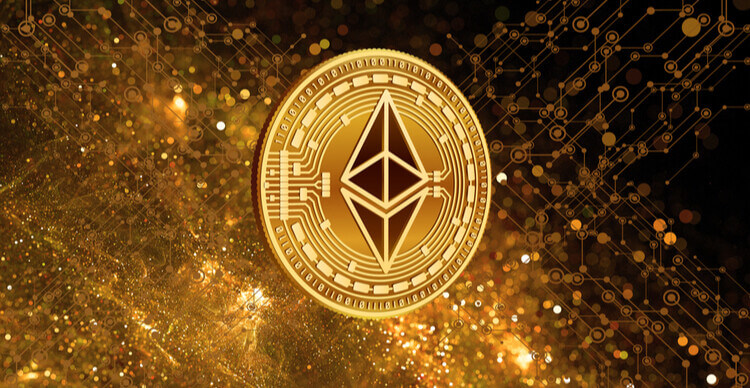 Ethereum auf goldenem Blockchain-Hintergrund