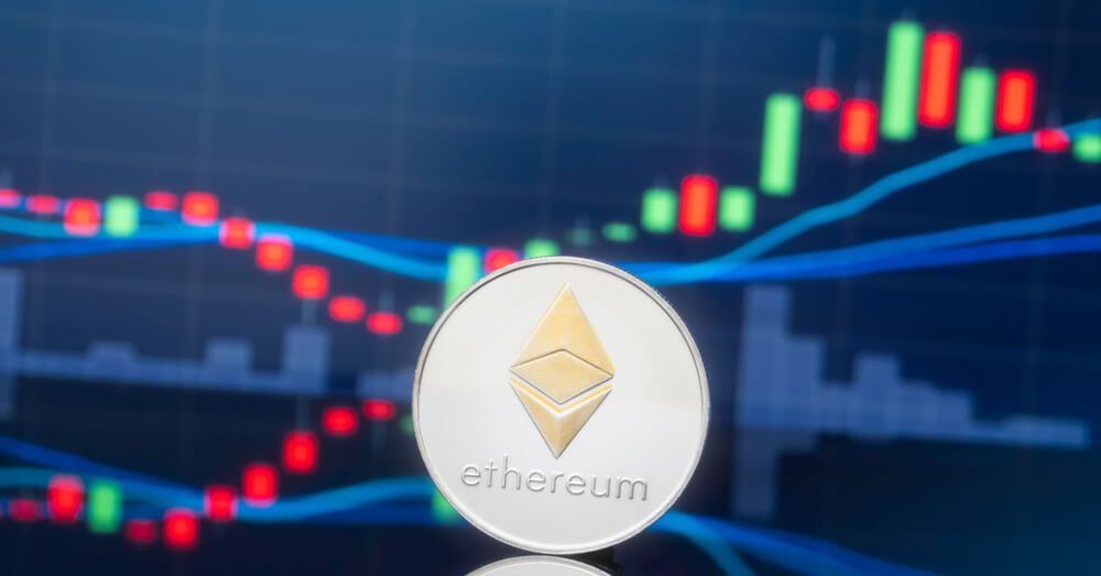 An image of an ETH coin with a candlestick chart background