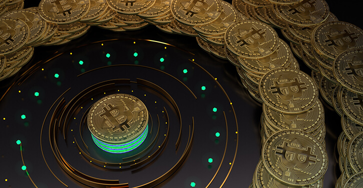 3D-Illustration mit mehreren Bitcoin-Goldmünzen