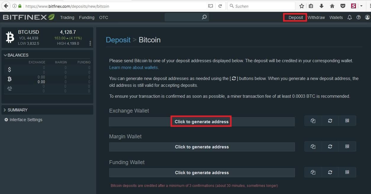 Exchange Wallet generieren auf Bitfinex.com