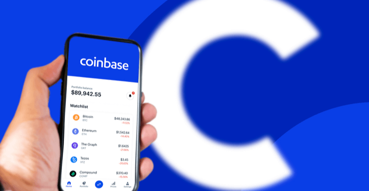 The Coinbase app with its logo on the background