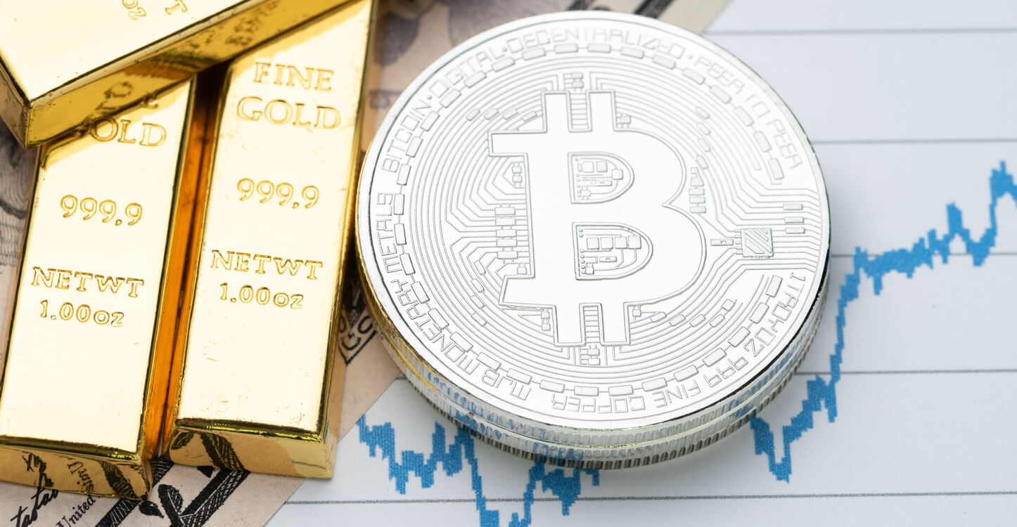 Bitcoin and Gold on a chart background