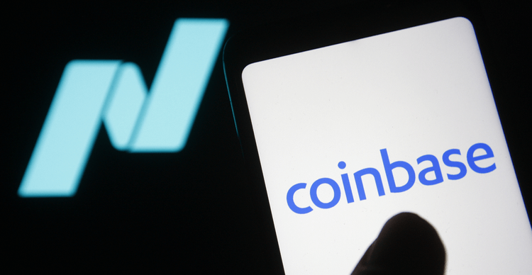 The Coinbase app and NASDAQ logo