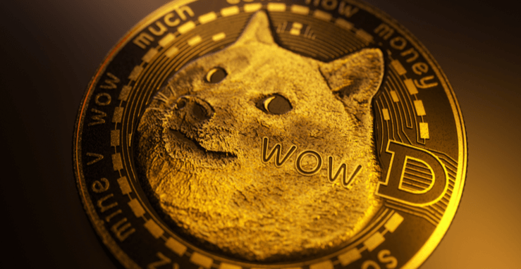 A golden Dogecoin partially illuminated by warm light