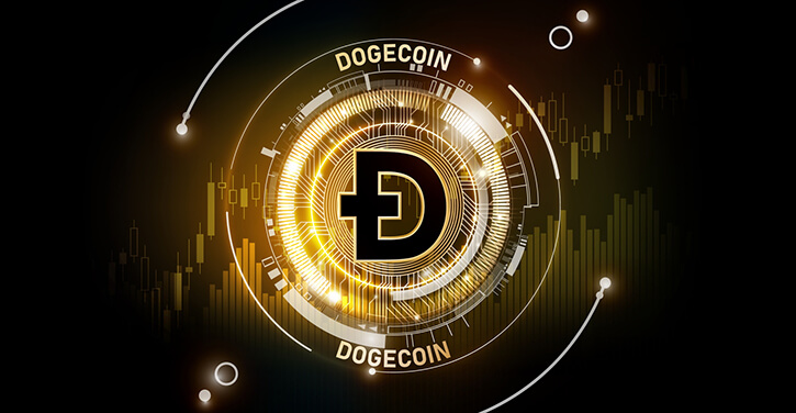 Dogecoin logo against financial chart background