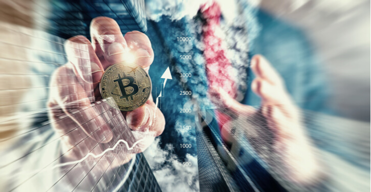 A man holding Bitcoin, while an arrow close to the Bitcoin is pointing towards the upside