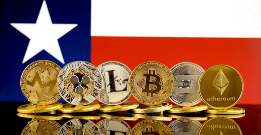 Image of cryptocurrencies in front of Texas flag