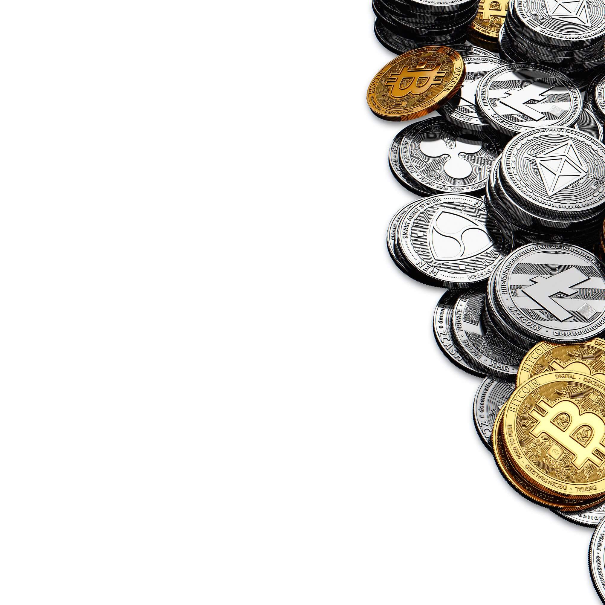 Stack and piles of Bitcoin and other different cryptocurrencies isolated on white background with copy space on the left side. 3D rendering